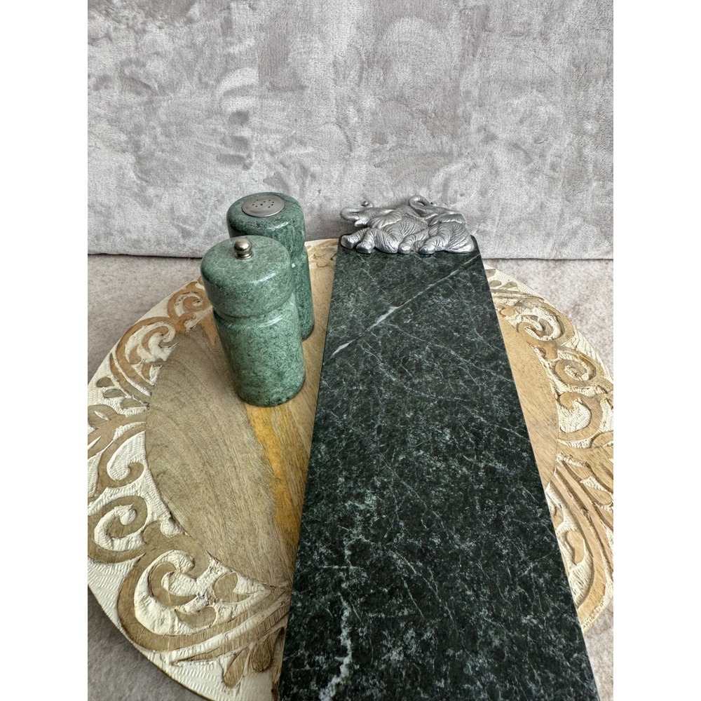 Arthur Court Green Marble Cheese Board and Elephant Salt and Pepper Shaker Set